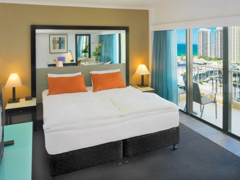 Smart and fresh, with river views, a one-bedroom suite at Vibe Surfers Paradise