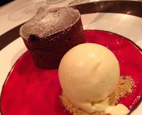Chocolate Fallen Cake, with vanilla ice-cream and raspberry sauce.
