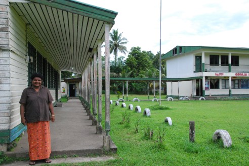 Head teacher Loata Finau, under one of the new walkways at Conua District School
