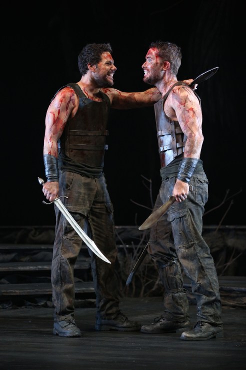 Jason Klarwein as Macbeth and Tama Matheson as Banquo in QTC's production under Michael Attenborough, photo Rob Maccoll